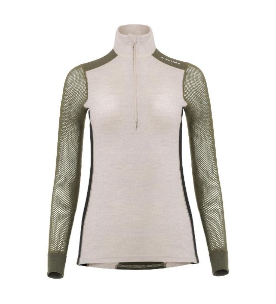 Aclima WoolNet Hybrid Mock Neck w/Zip Womens Beige Melange/Olive Night