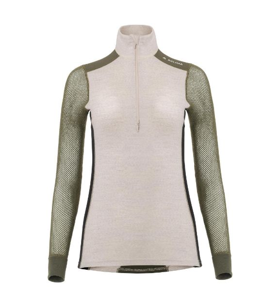Aclima WoolNet Hybrid Mock Neck w/Zip Womens Beige Melange/Olive Night